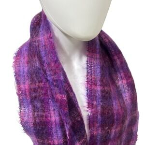 Mohair Wool Scarf Made in Britain Purple Plaid Fringe‎ VTG Soft Girl Cozycore